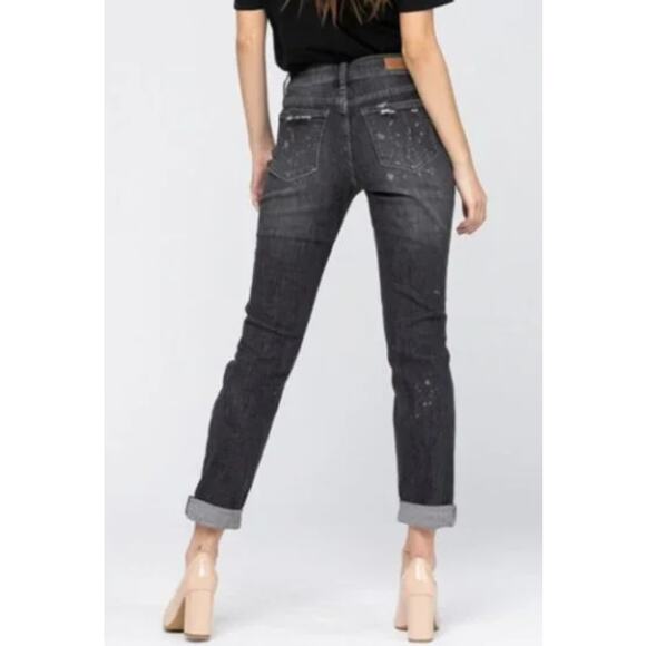 Judy Blue Destroyed Bleach Splatter Boyfriend Fit Black Jean Size 5 / 27 Womens - Picture 2 of 9
